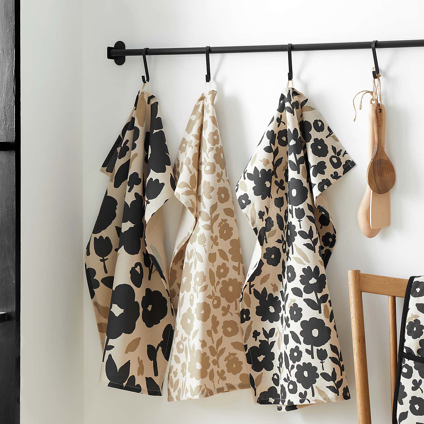 Set of 3 Floral Monochrome Cotton Tea Towels