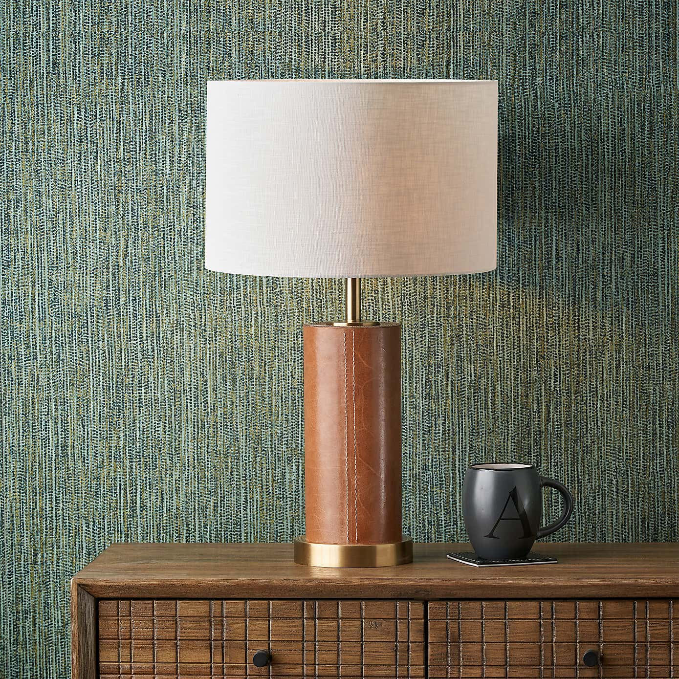 Laurence Tan Leather and Brass Cylindrical Table Lamp with 35cm Linen Drum Shade