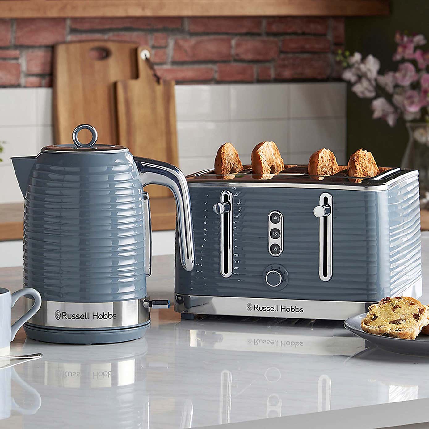 Russell Hobbs Inspire Grey Kettle & 4 Slice Toaster
