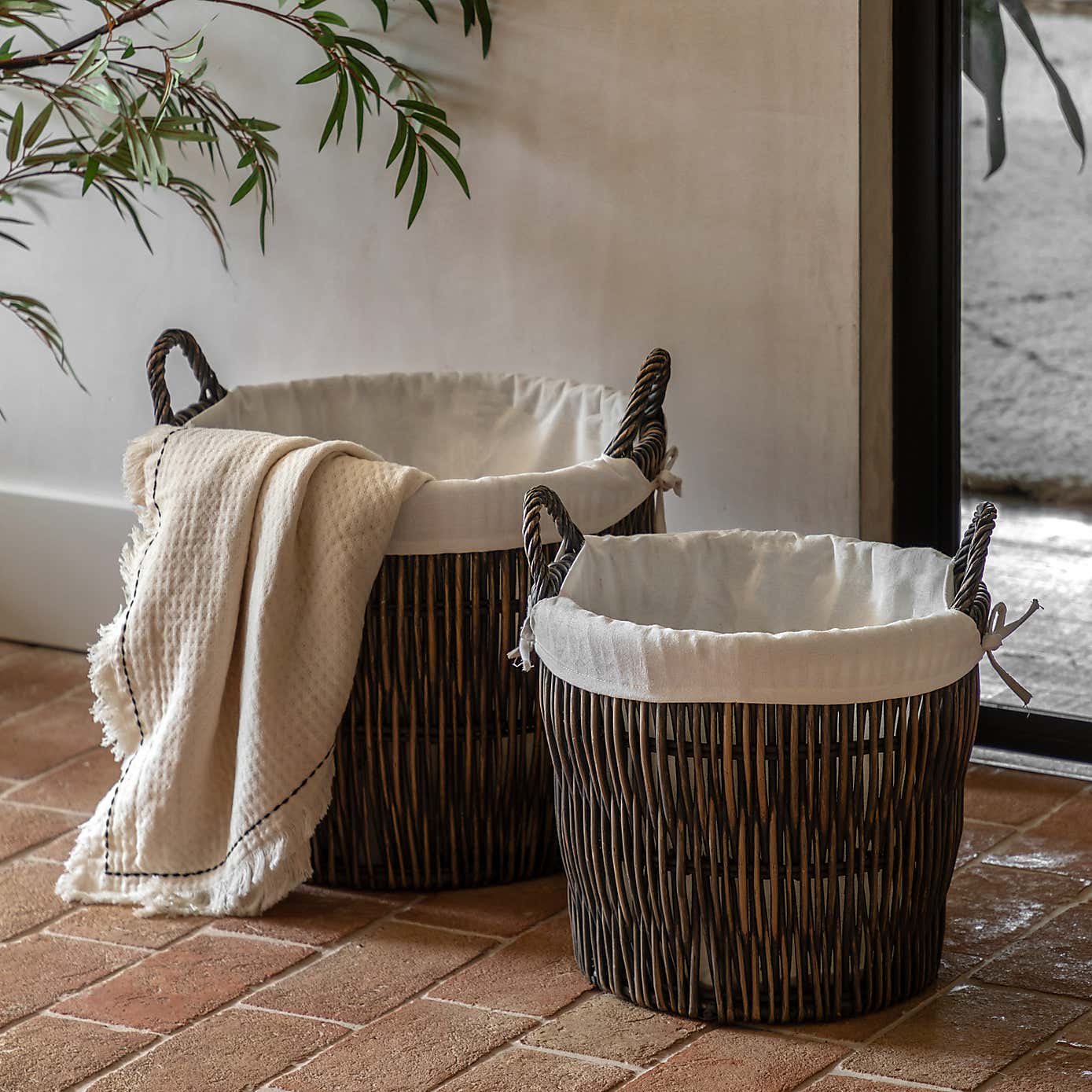 Set of 2 Linen Lined Nest Storage Baskets