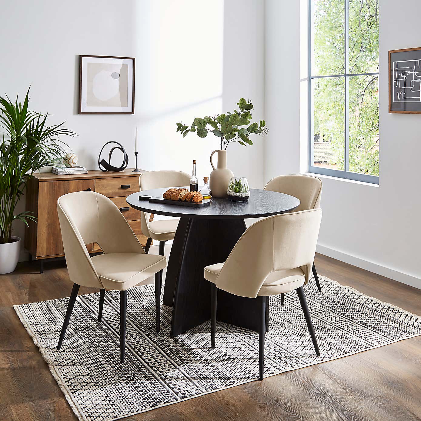 Effy Round Dining Table with 4 Lillia Mink Velvet Dining Chairs