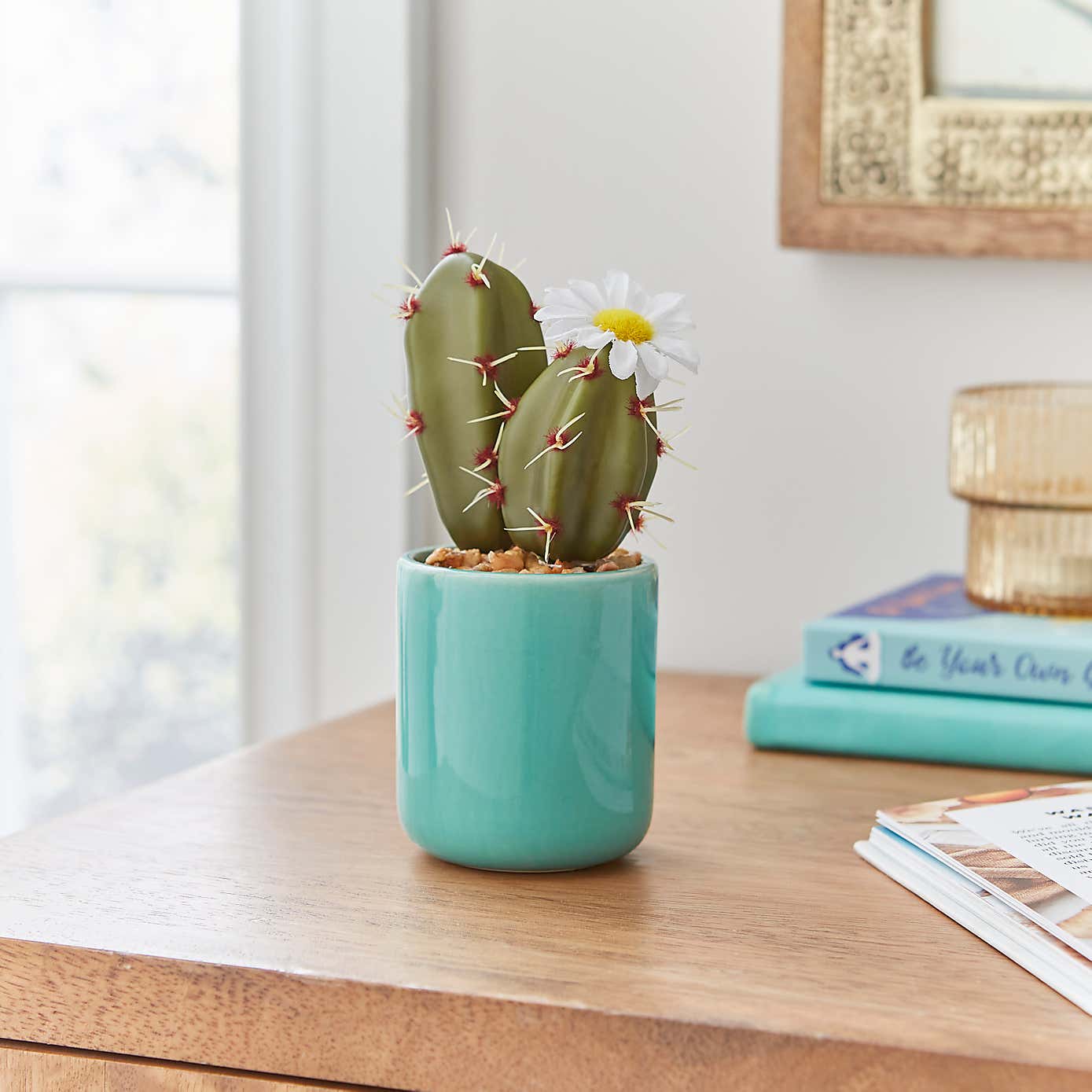 Sunbeam Artificial Cactus in Aqua Ceramic Pot