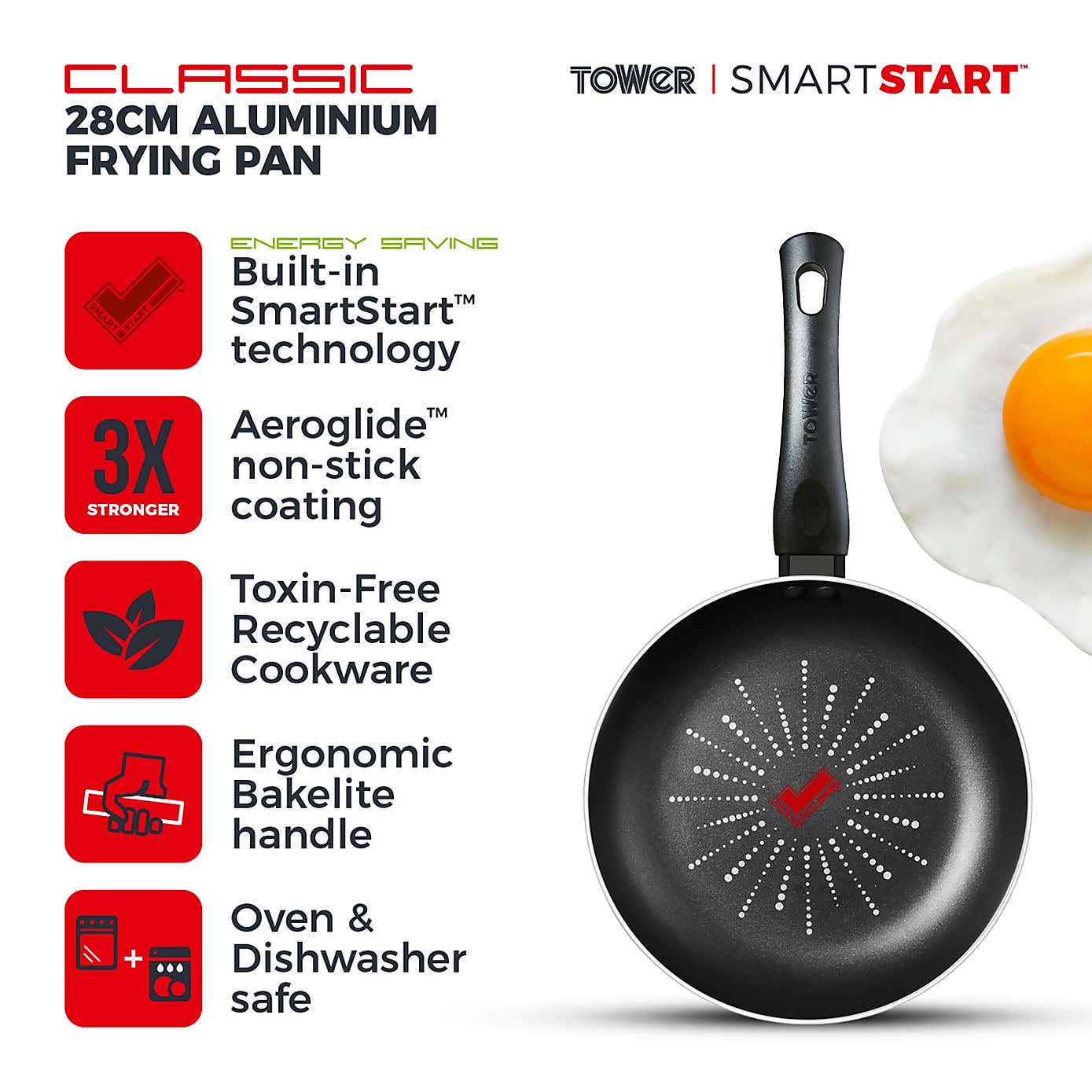 Tower Smart Start Classic Non-Stick Aluminium Frying Pan, 28cm