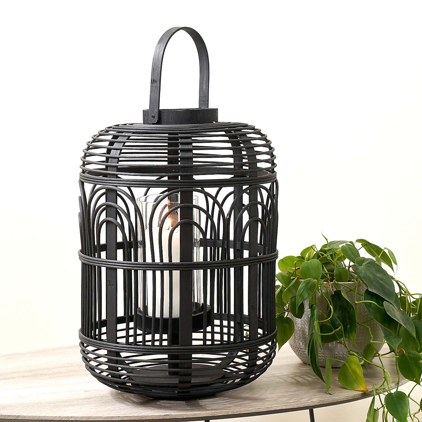 Large Natural Bamboo and Glass Lantern