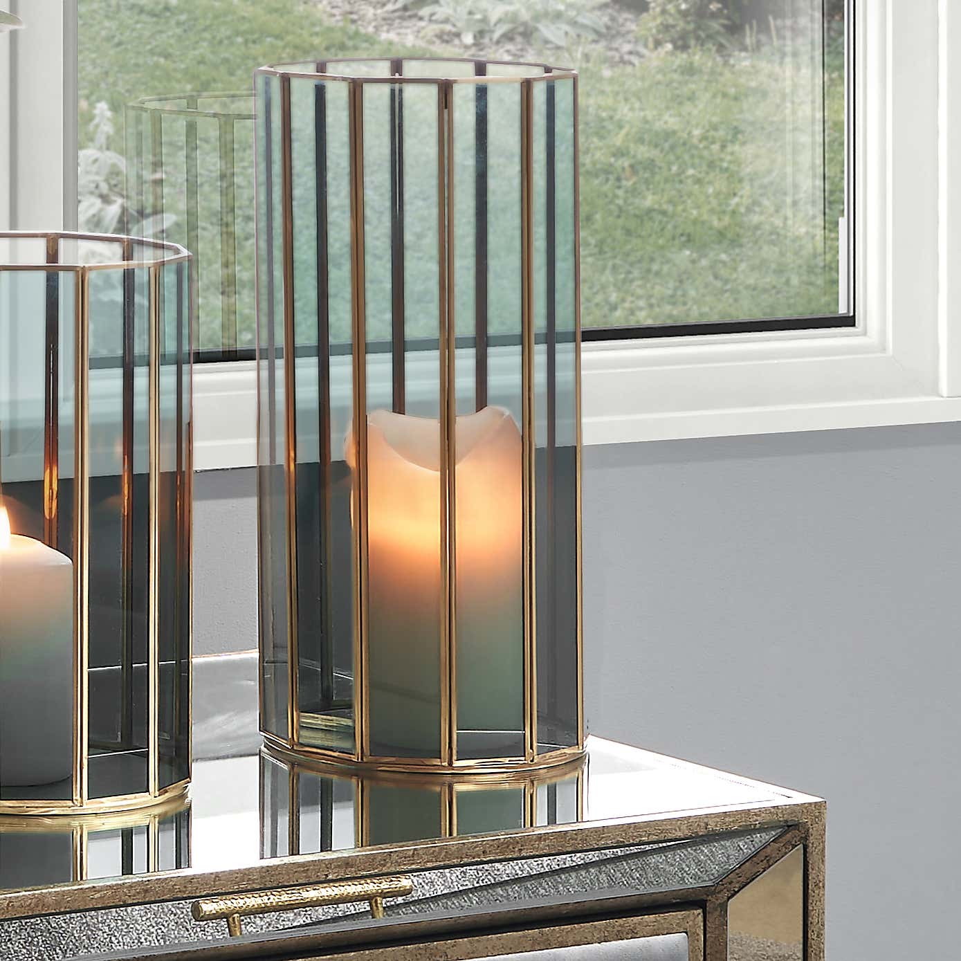 Brass & Smoked Glass Panelled Hurricane Candle Holder
