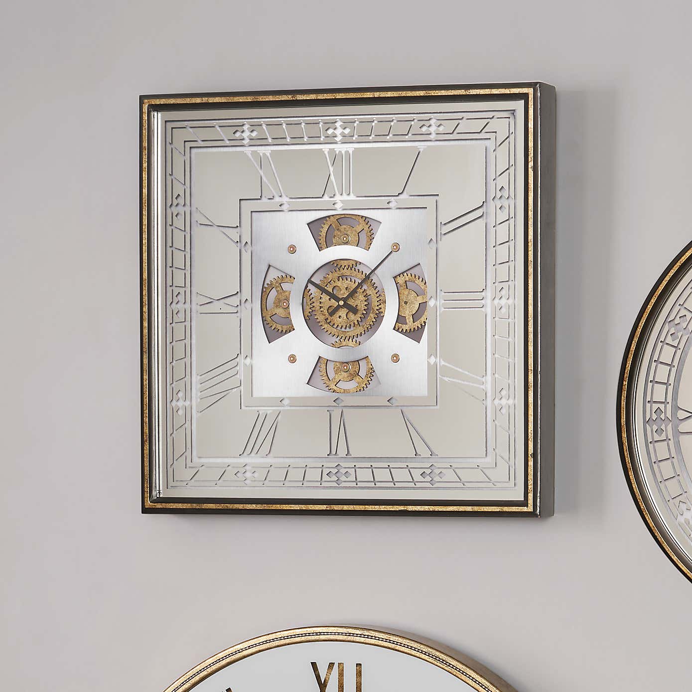 Antique Gold Wood & Mirror Square Working Cog Wall Clock 60cm