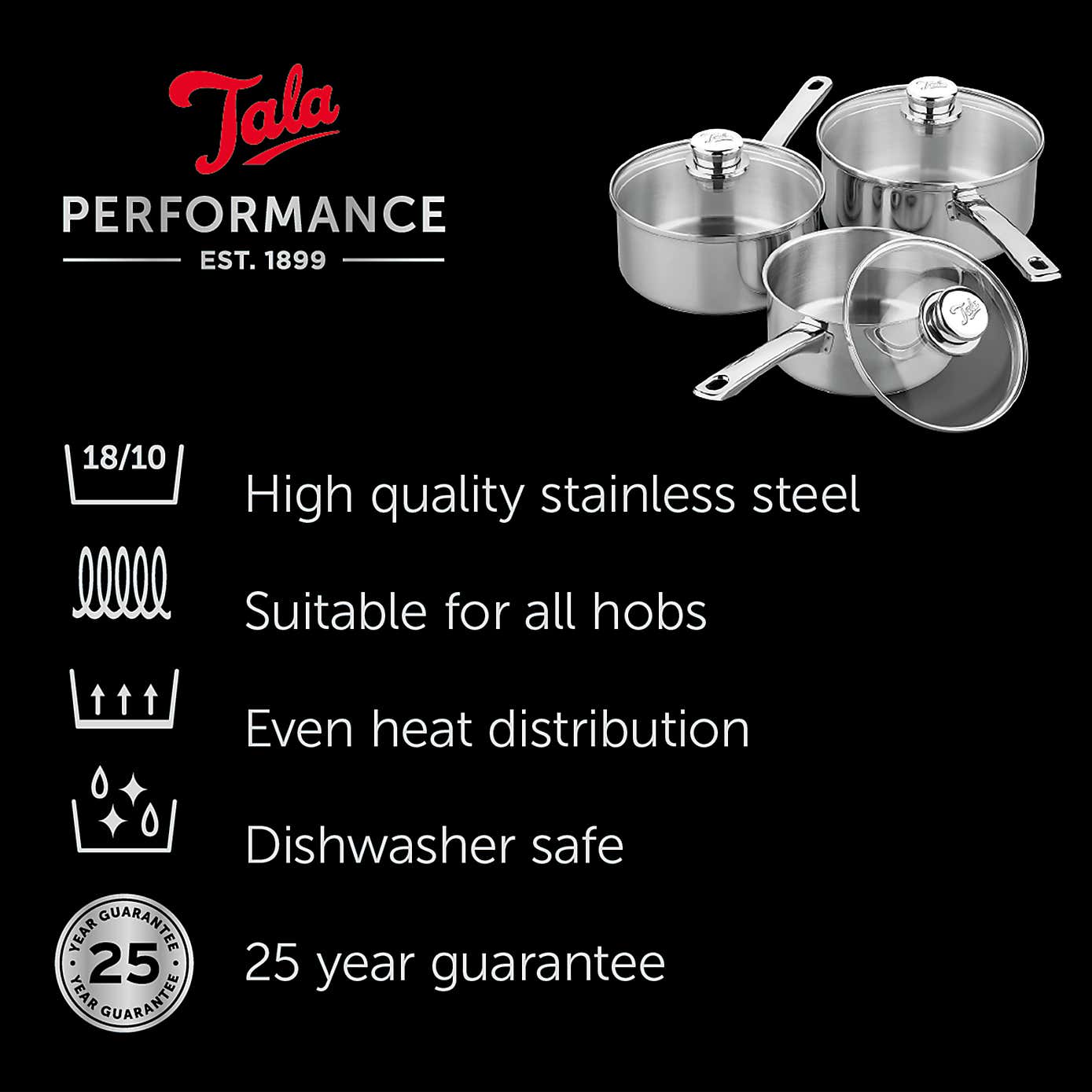 Tala Performance Classic Stainless Steel 3 Piece Saucepan Set