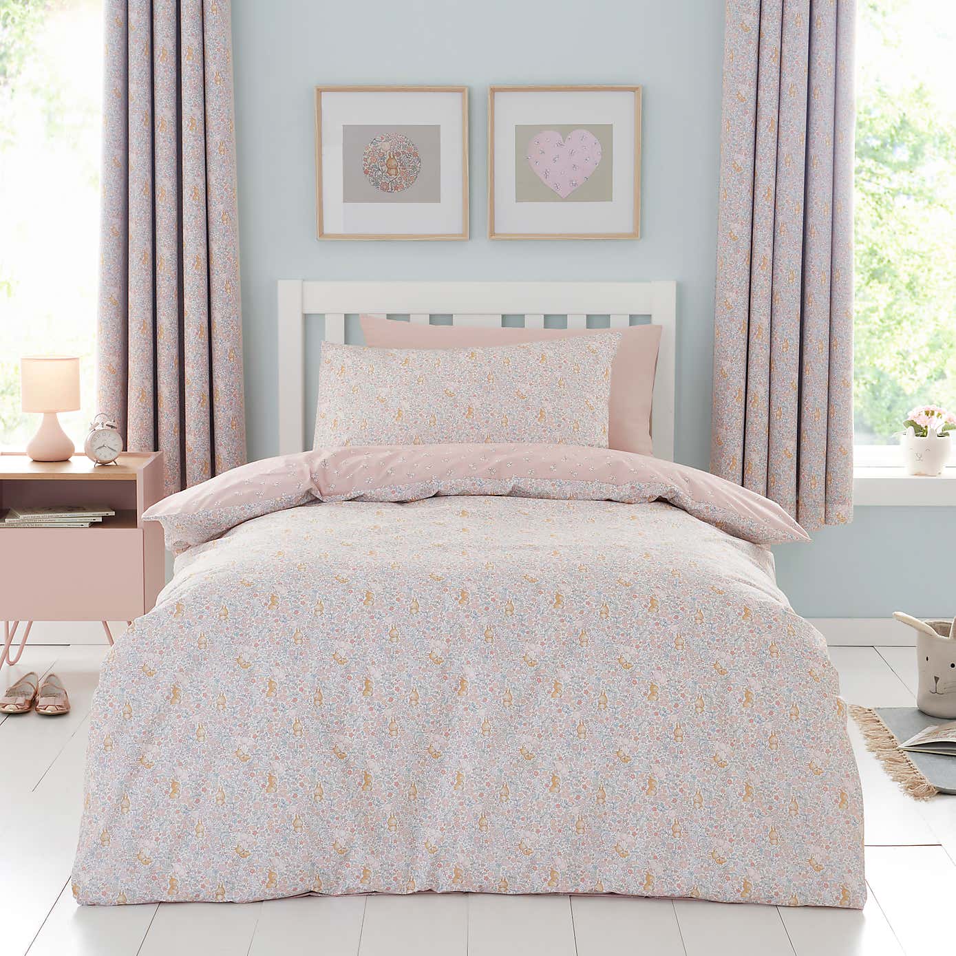 Ditsy Bunny Pink 100% Cotton Reversible Cot Bed Duvet Cover and Pillowcase Set