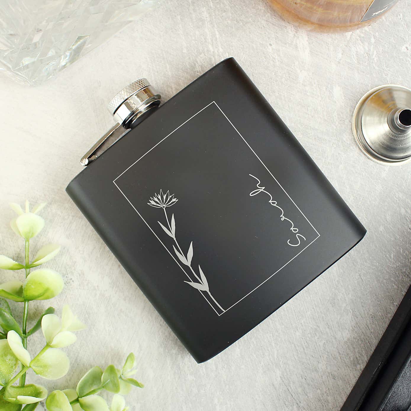 Personalised Floral Name Black Hip Flask
