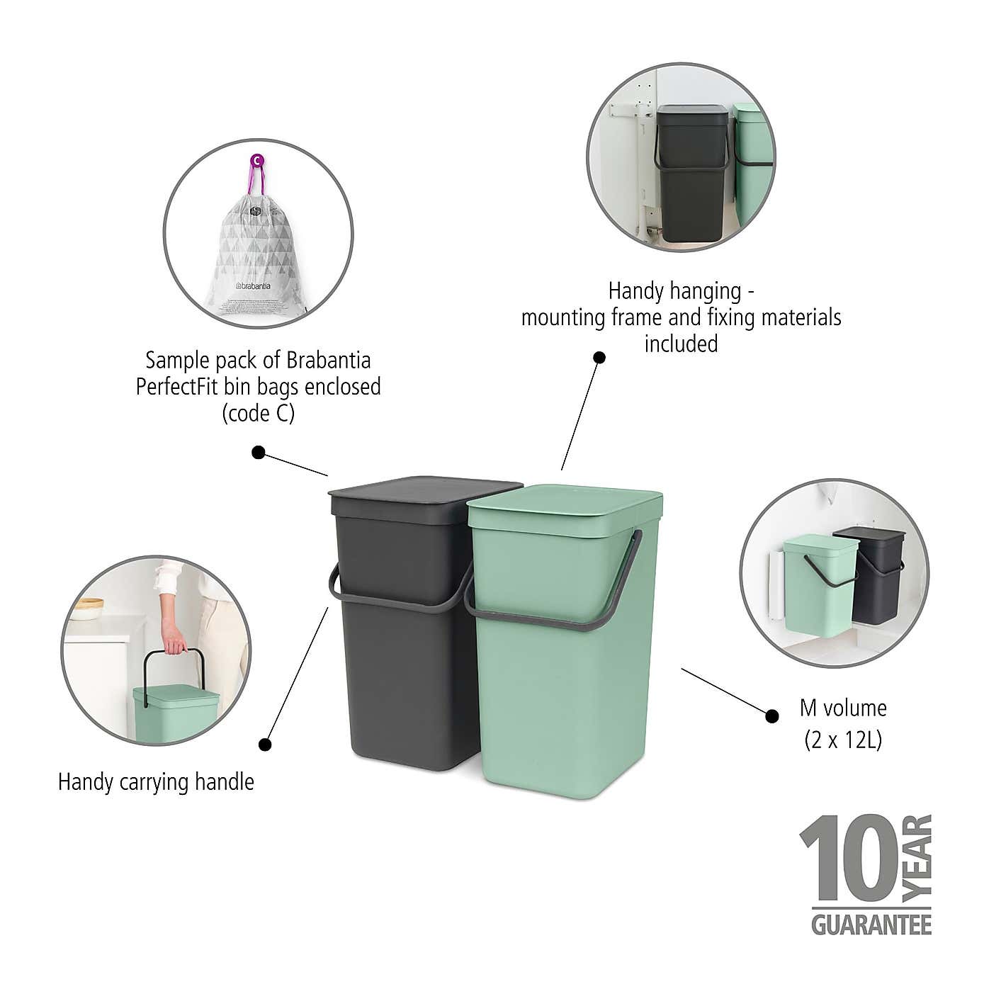 Brabantia Sort and Go Built in Bin 2 x 12L Jade Green Grey