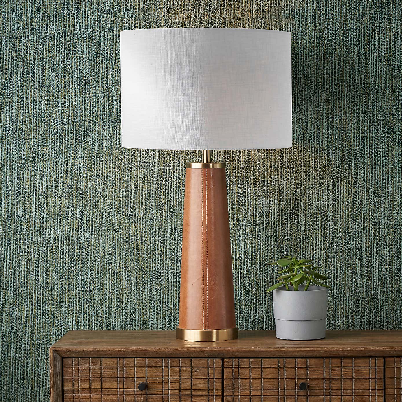 Laurence Tan Leather Brass Table Lamp with 40cm Linen Drum Shade