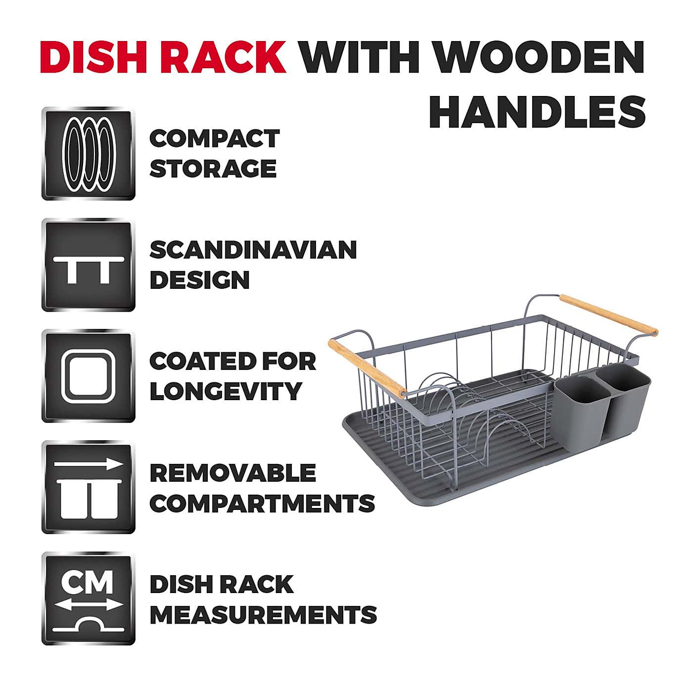 Tower Scandi Dish Rack with Wooden Handles