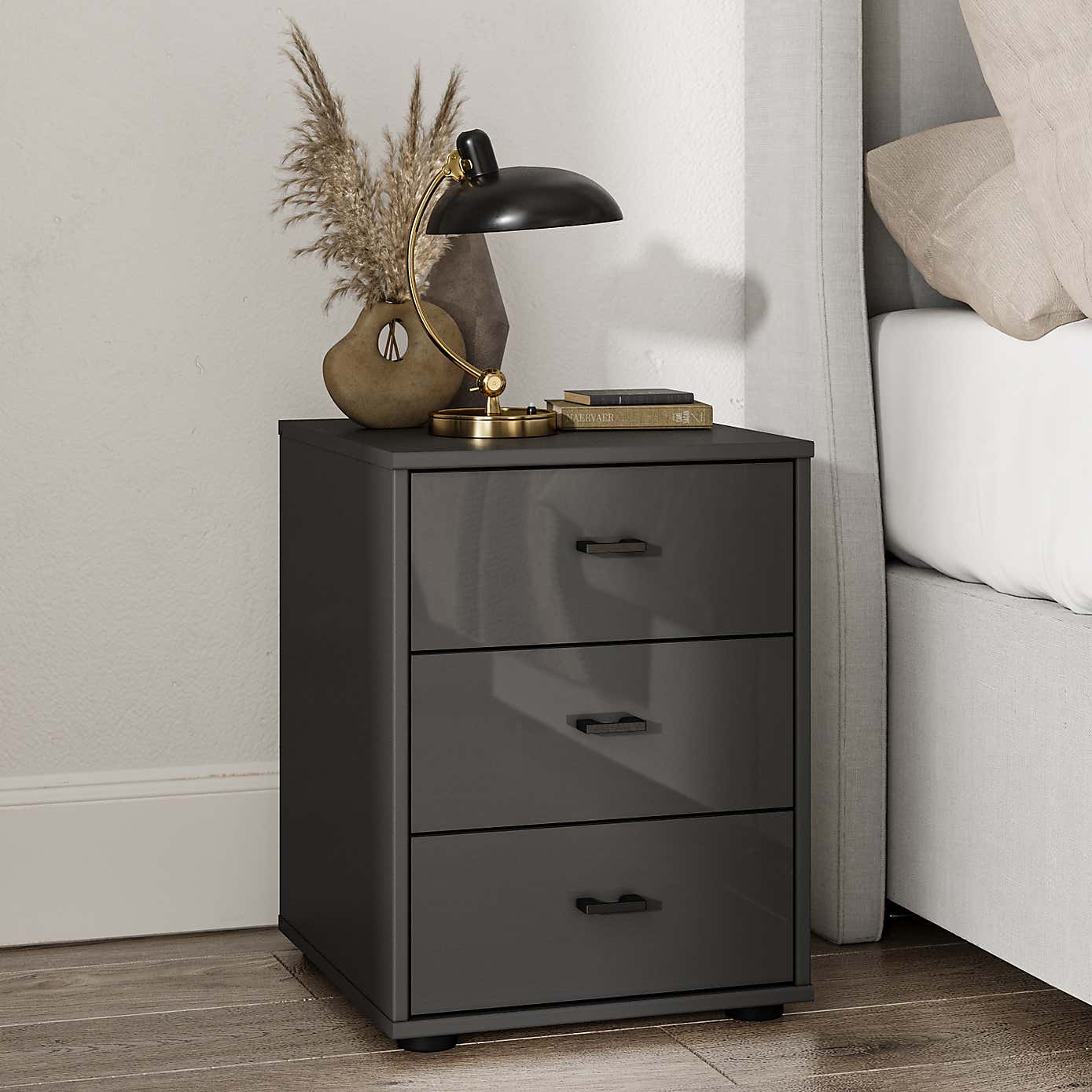 Kahla Glass Fronted 3 Drawer Bedside Table