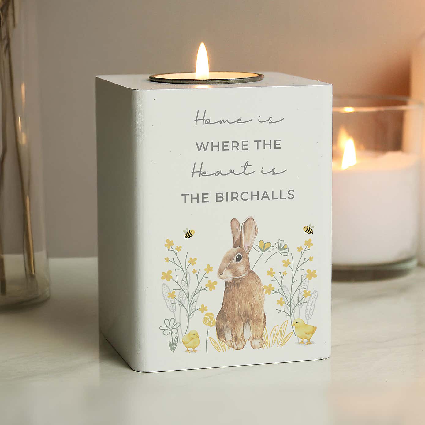 Personalised Spring Bunny Wooden Tealight Holder