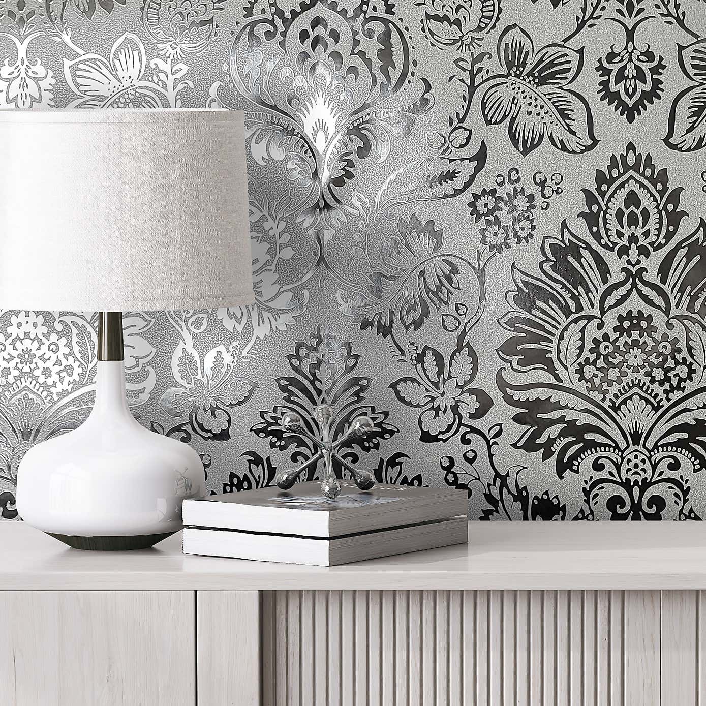 Platinum Damask Silver Vinyl Wallpaper