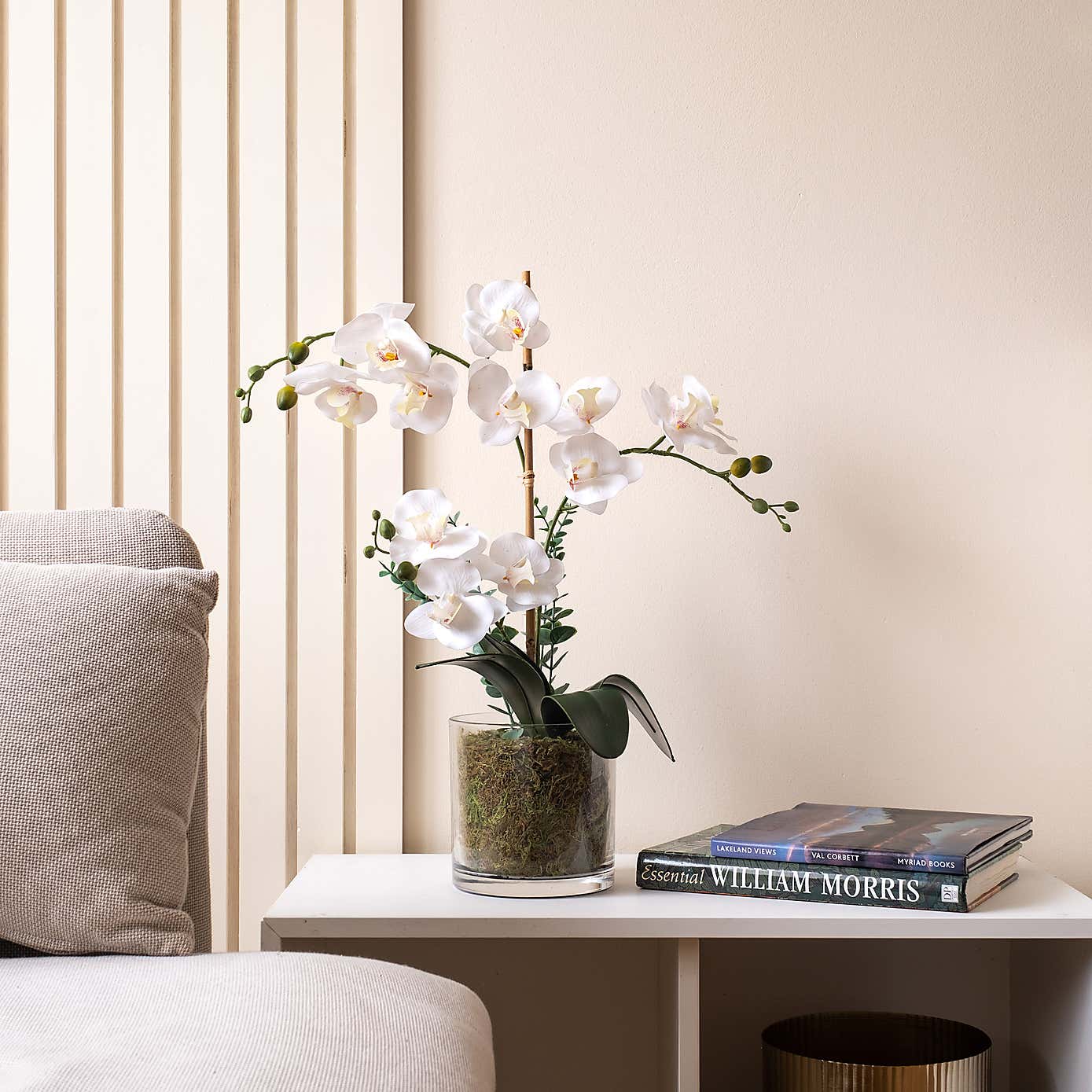 Artificial White Orchid with Eucalyptus in Glass Plant Pot