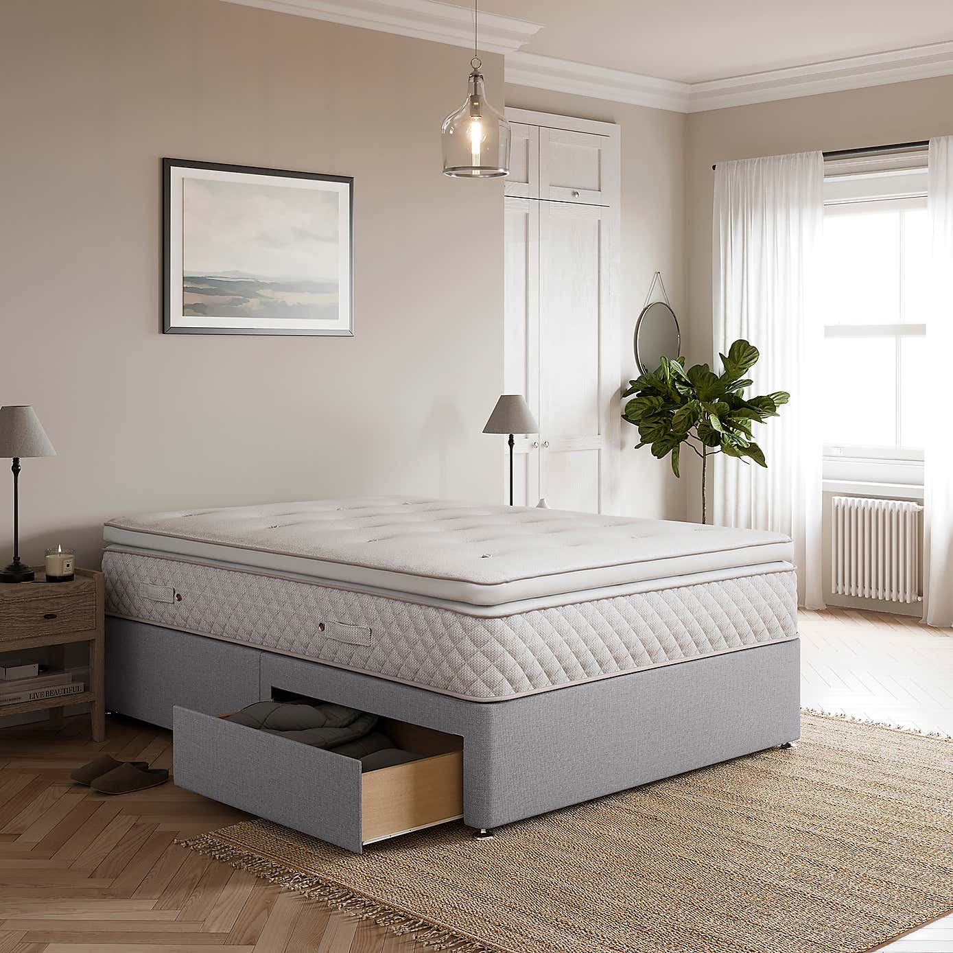 Fogarty Open Coil Memory Pillowtop Mattress and Divan Set, Faux Linen