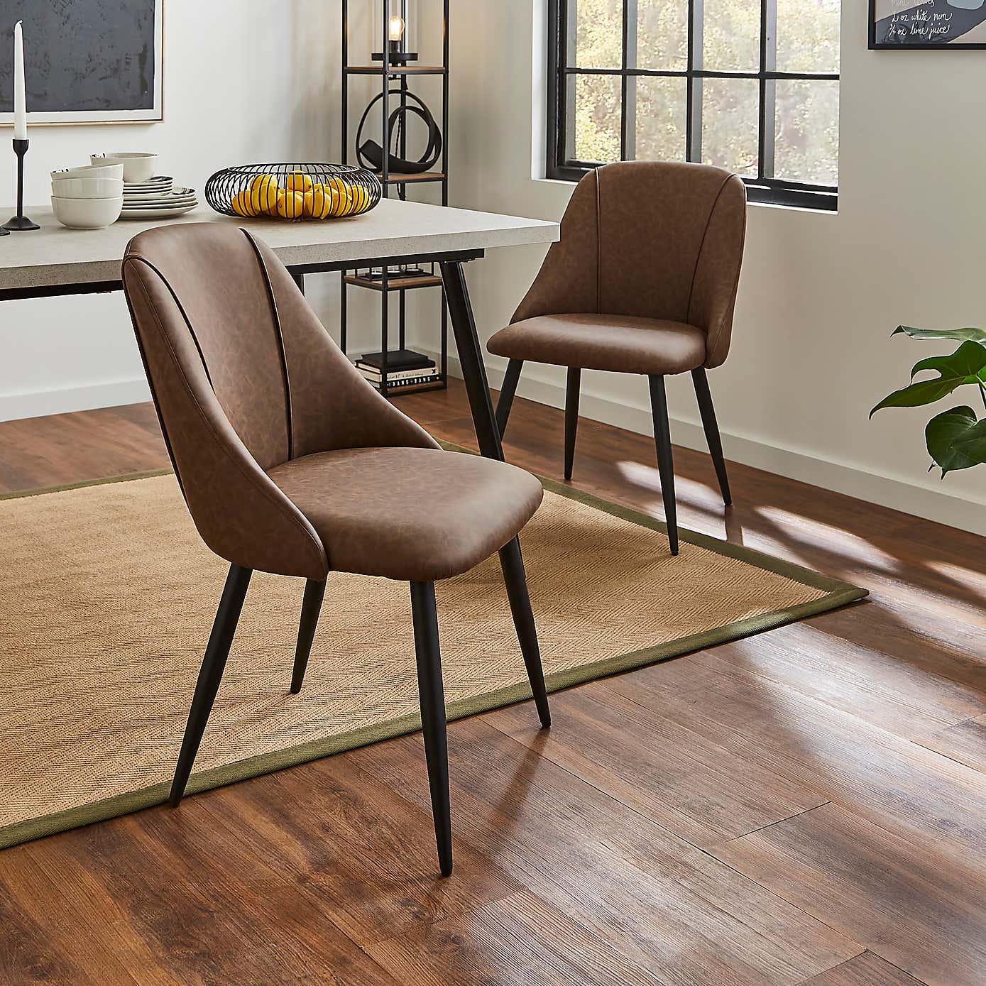 Luna Set of 2 Dining Chairs, Brown Faux Leather