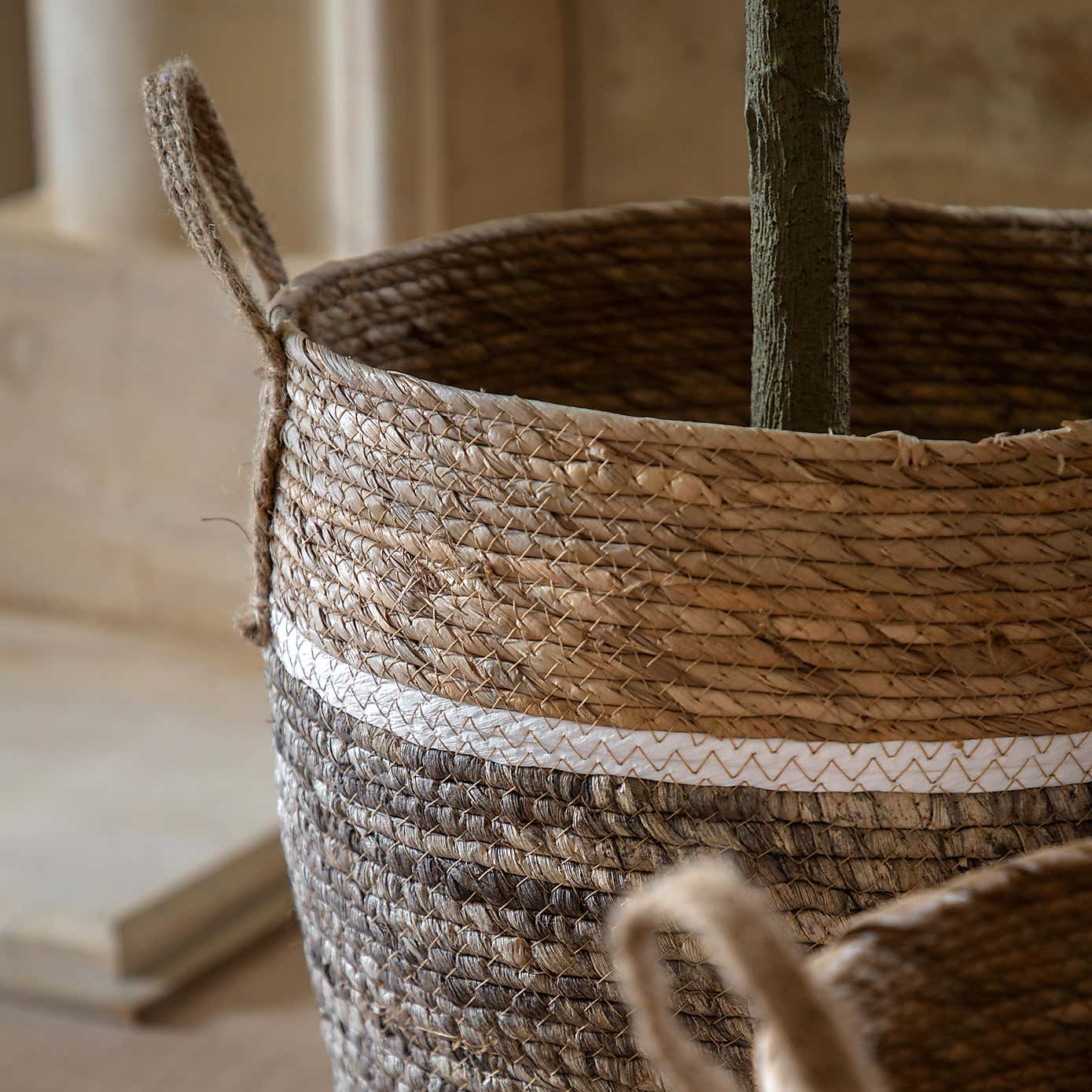 Set of 2 Woven Contrast Stripe Storage Baskets