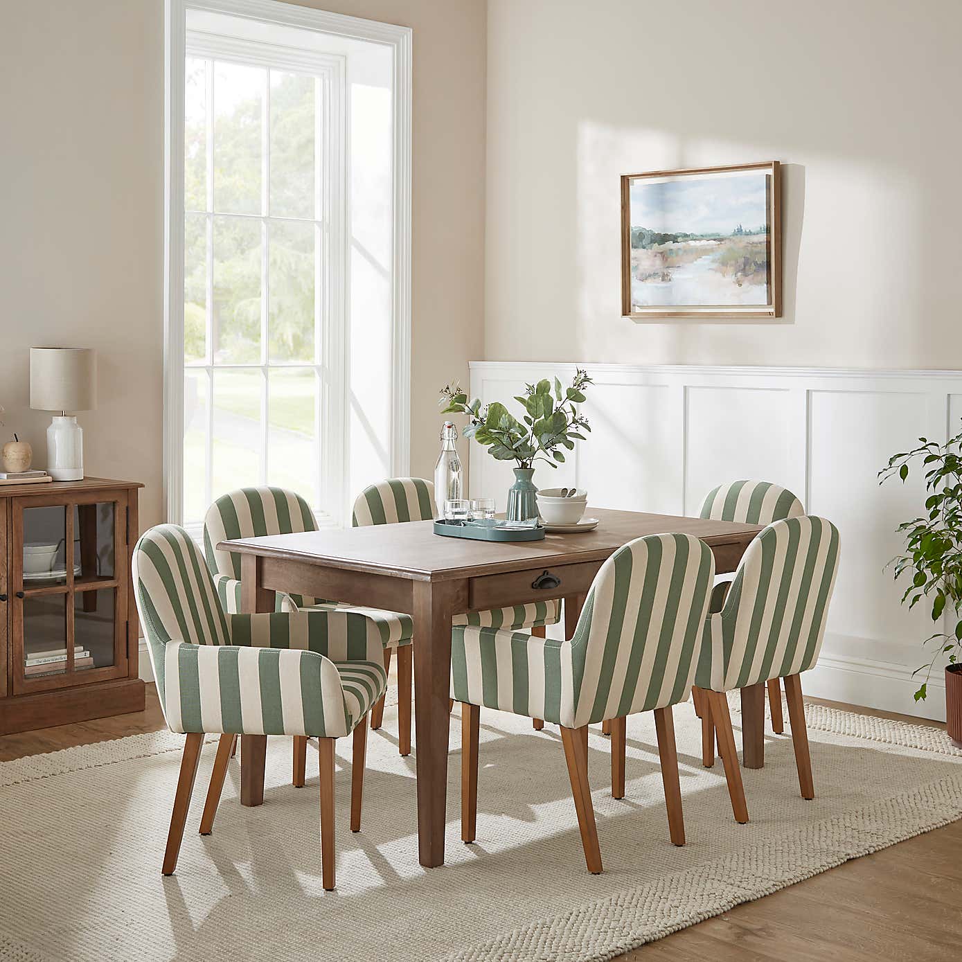 Agnes Carver Dining Chair, Olive Green Striped Fabric