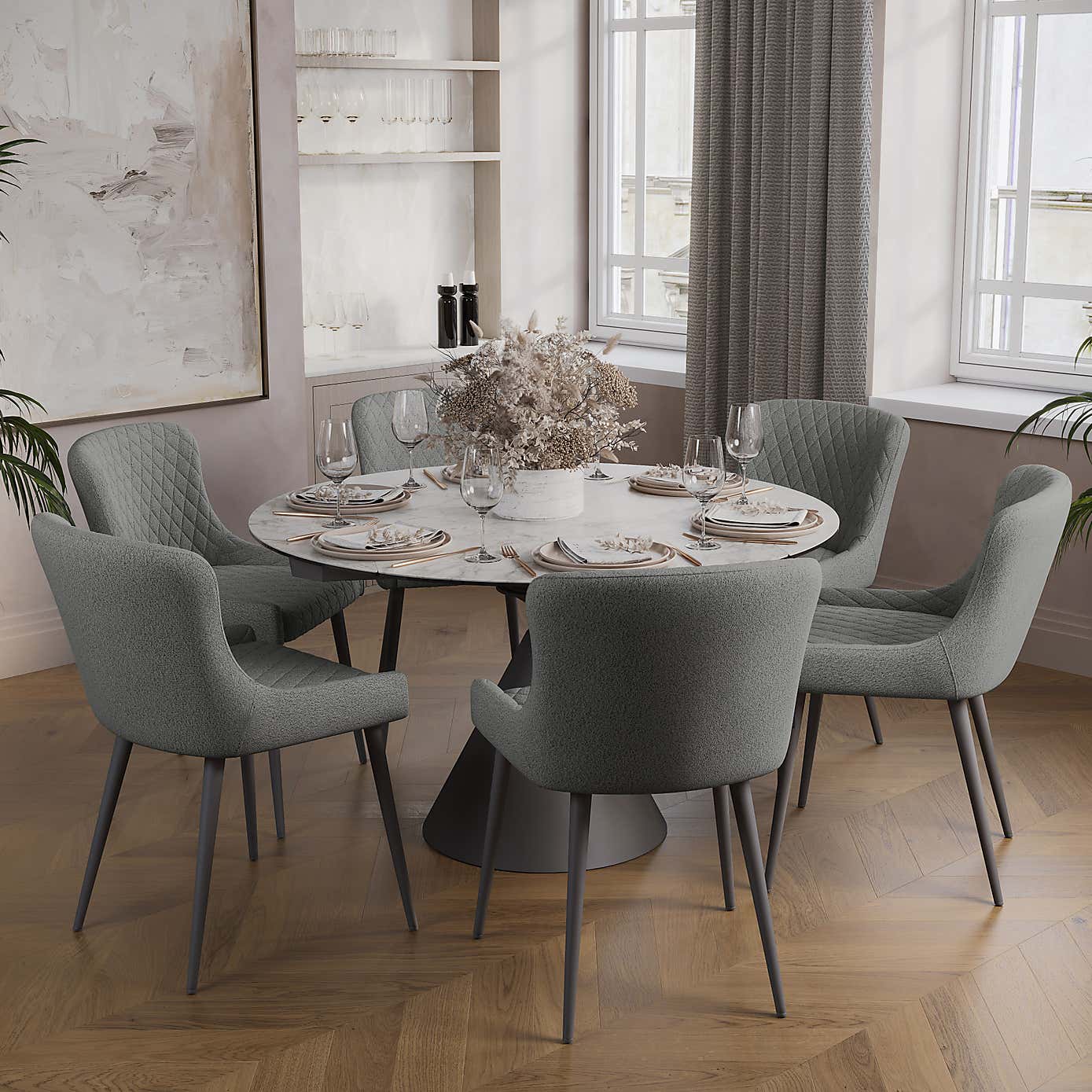 Indus Valley Camden 4-6 Seater Conical Extendable Dining Table With 6 Aura Dining Chairs