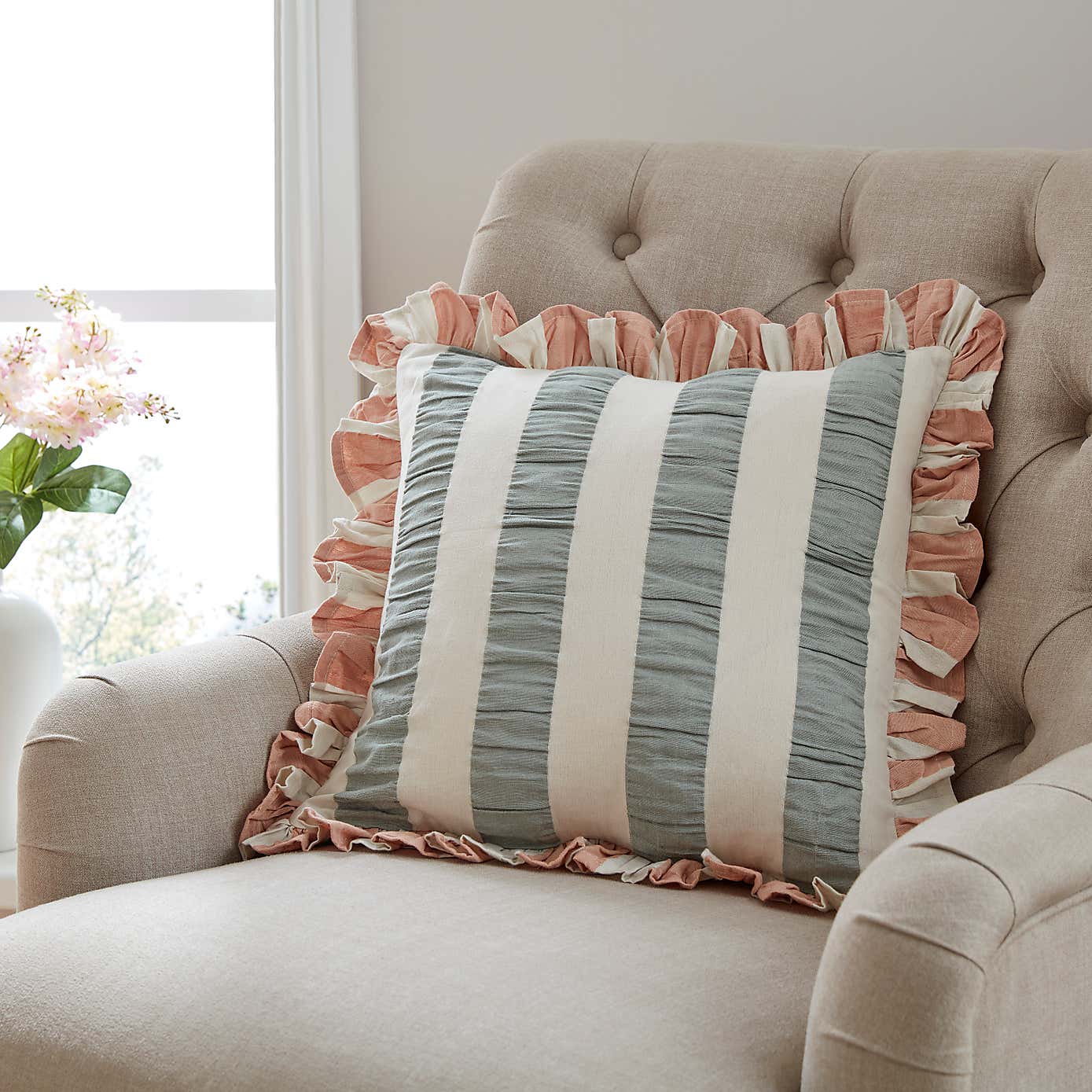 Seersucker Stripe Frill Cotton Square Cushion