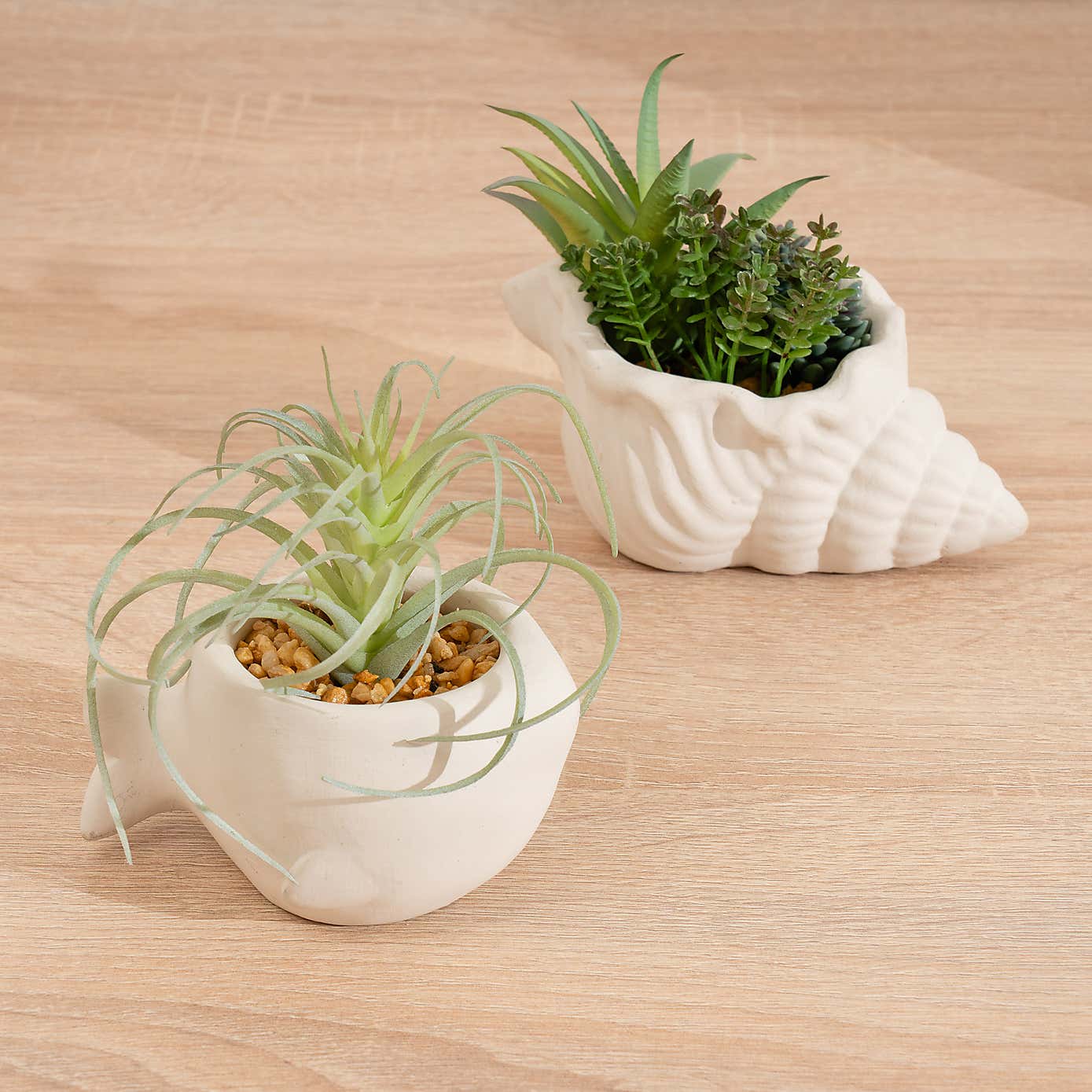 Set of 2 Artificial Succulents in Cement Fish & Shell Plant Pots