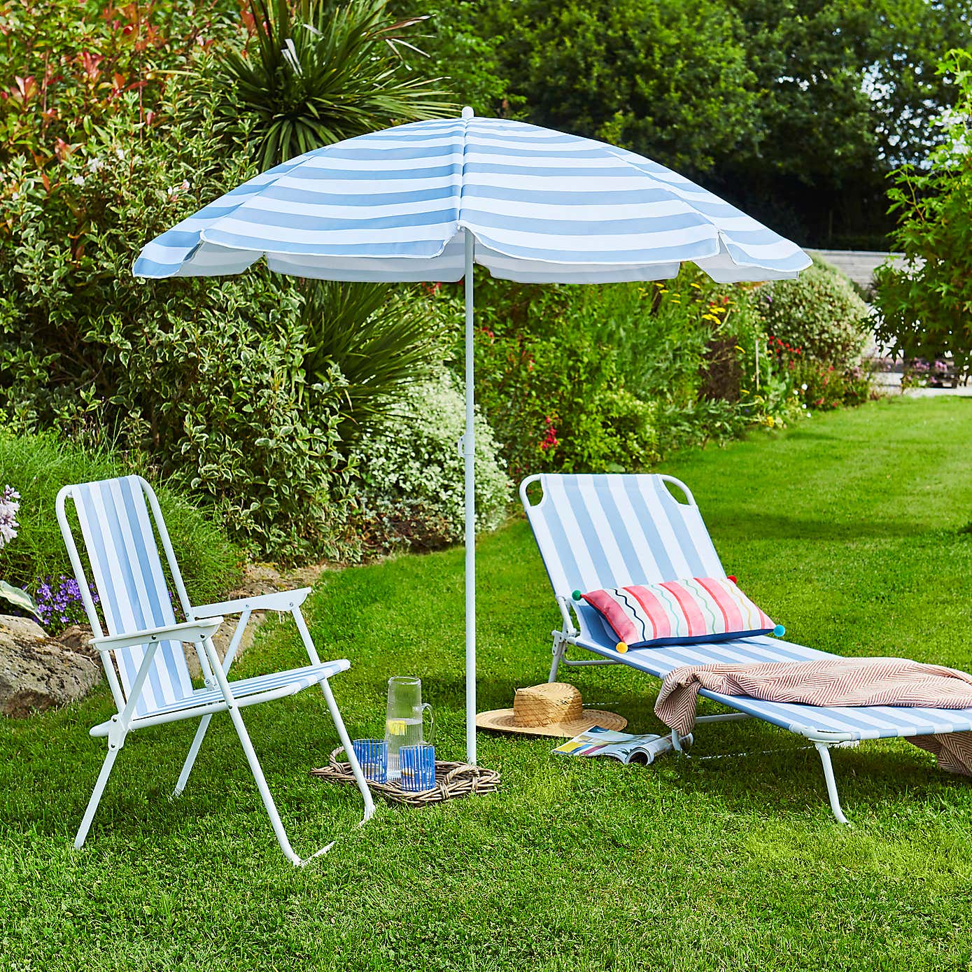 Blue and White Striped Beach Parasol