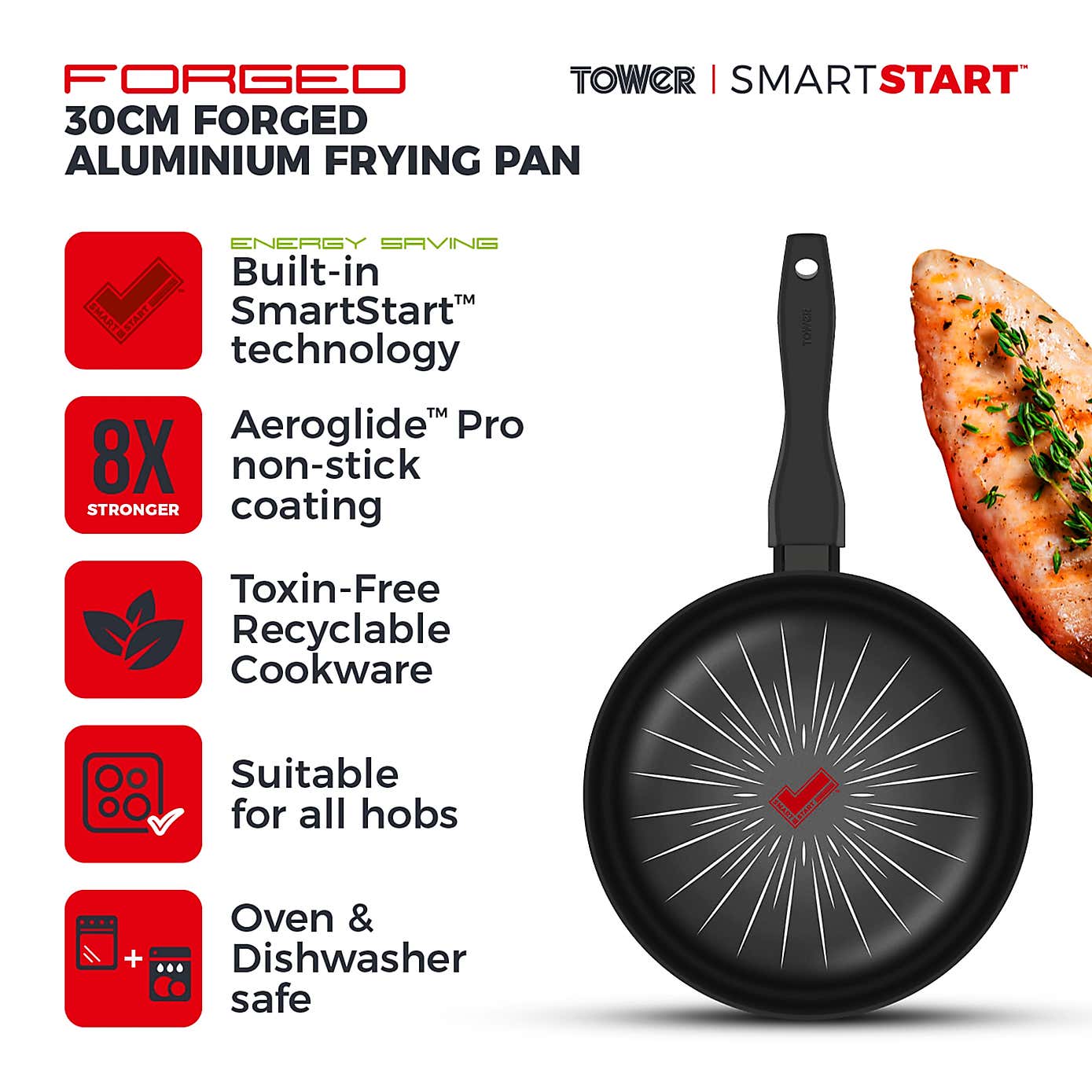 Tower Smart Start Non-Stick Forged Aluminium Frying Pan, 30cm