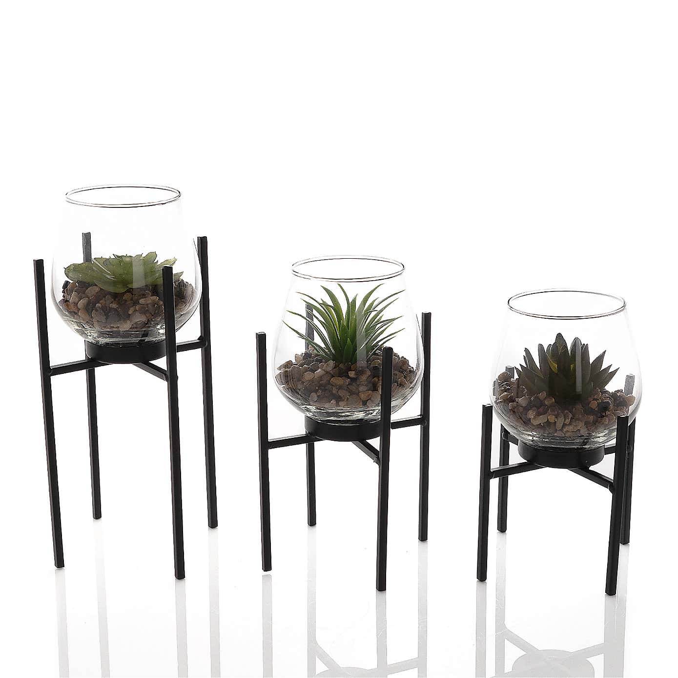 Hestia Set of 3 Glass Plant Pots wit Faux Succulent