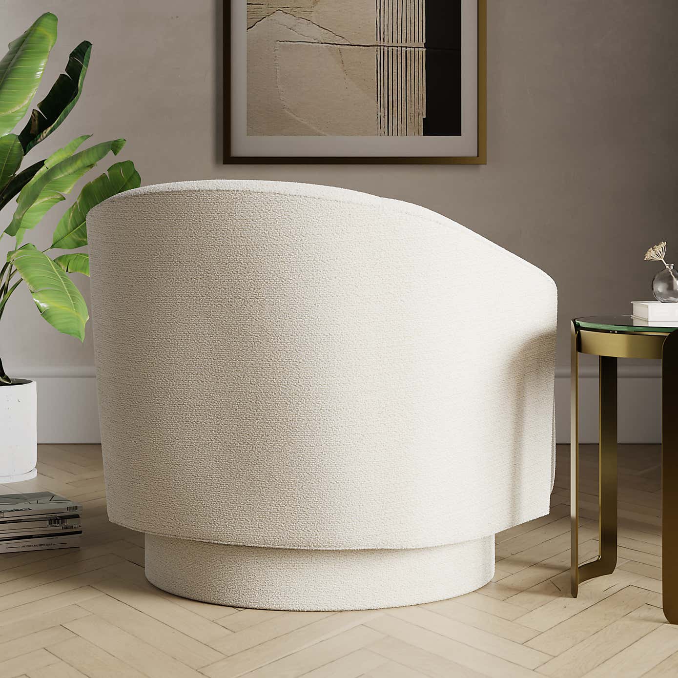 Carmen Curved Chunky Chenille Swivel Chair, Ivory