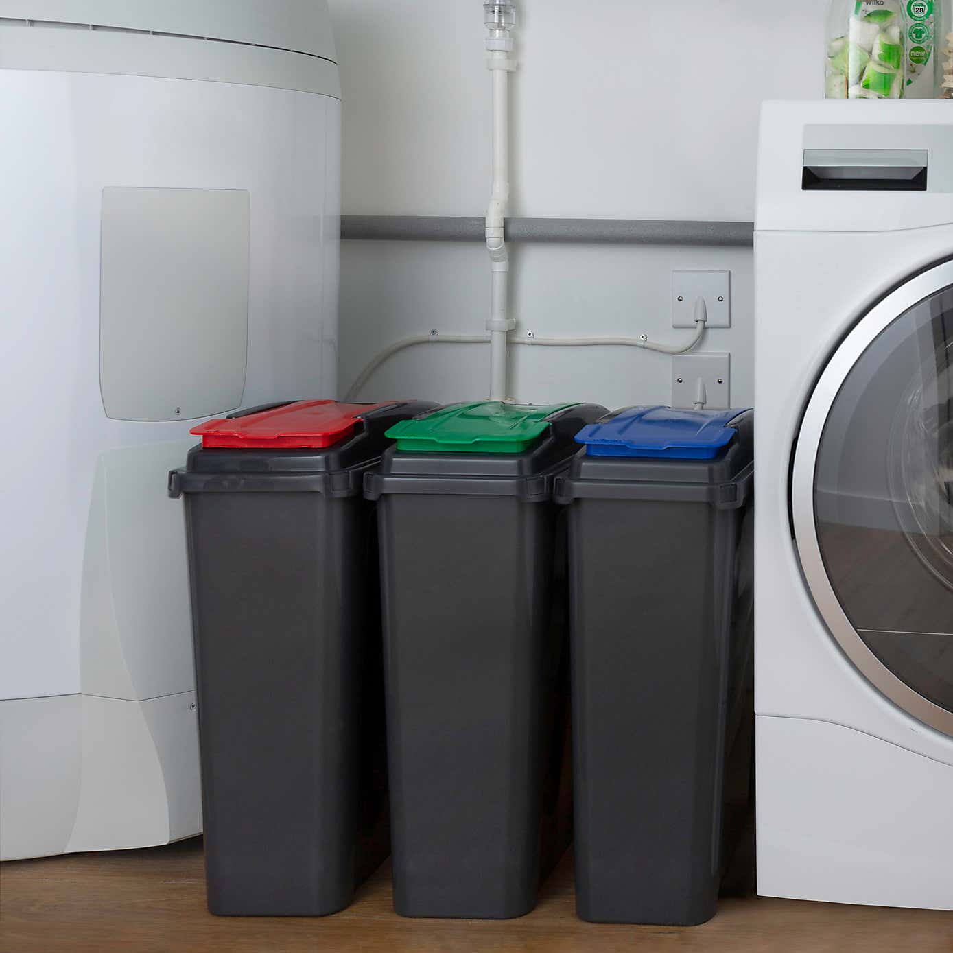Wham 25L Set of 3 Recycling Bins with Red, Blue, & Green Lids