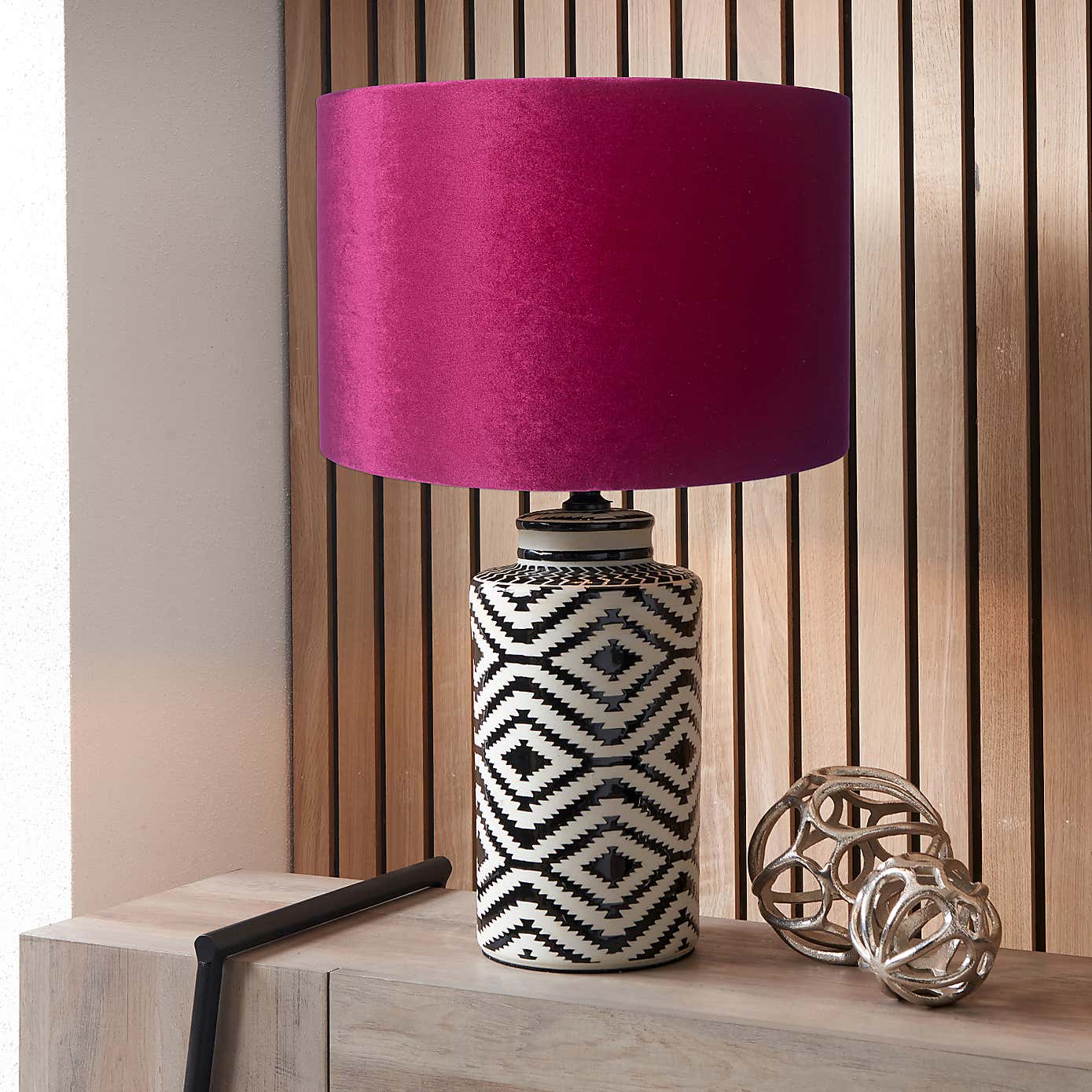 Chirala Tall Ikat Ceramic Table Lamp with 40cm Velvet Cylinder Shade