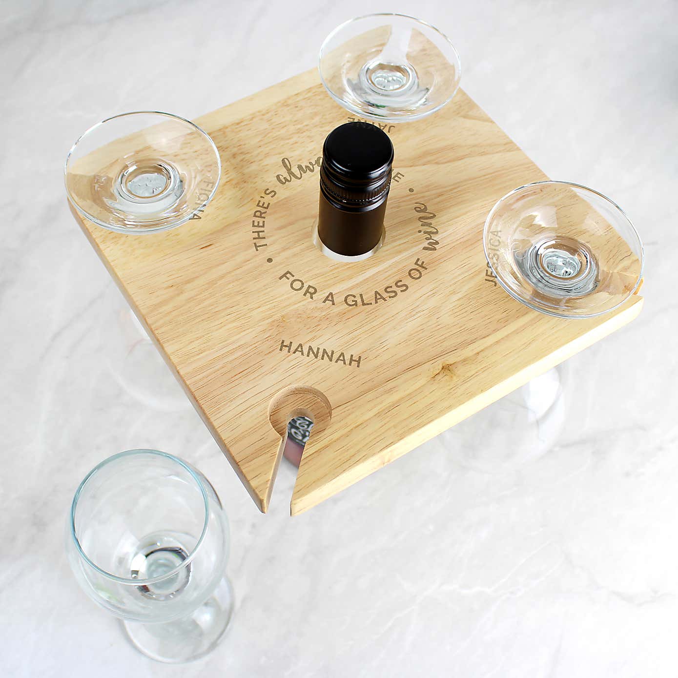 Personalised Time For a Glass of Wine Wooden Four Wine Glasses and Bottle Holder