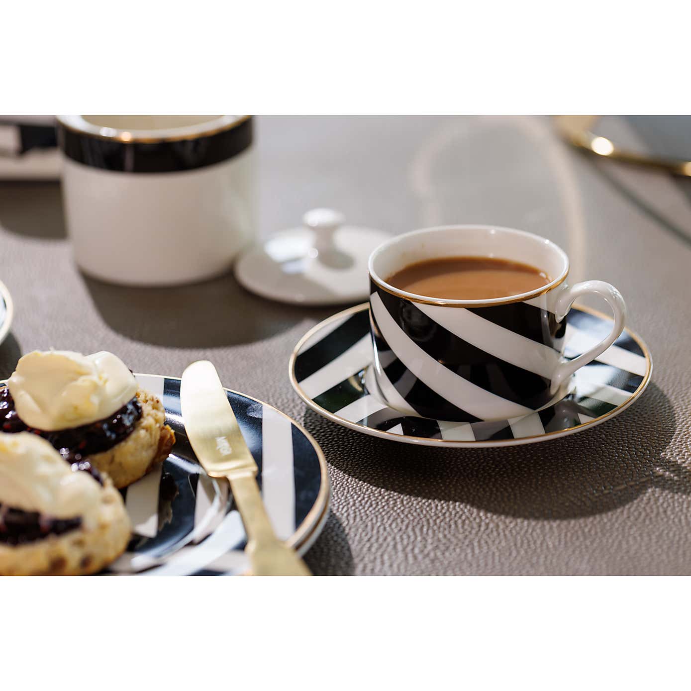 Mikasa Set of 2 Luxury Deco Stripe Clay Teacups & Saucers