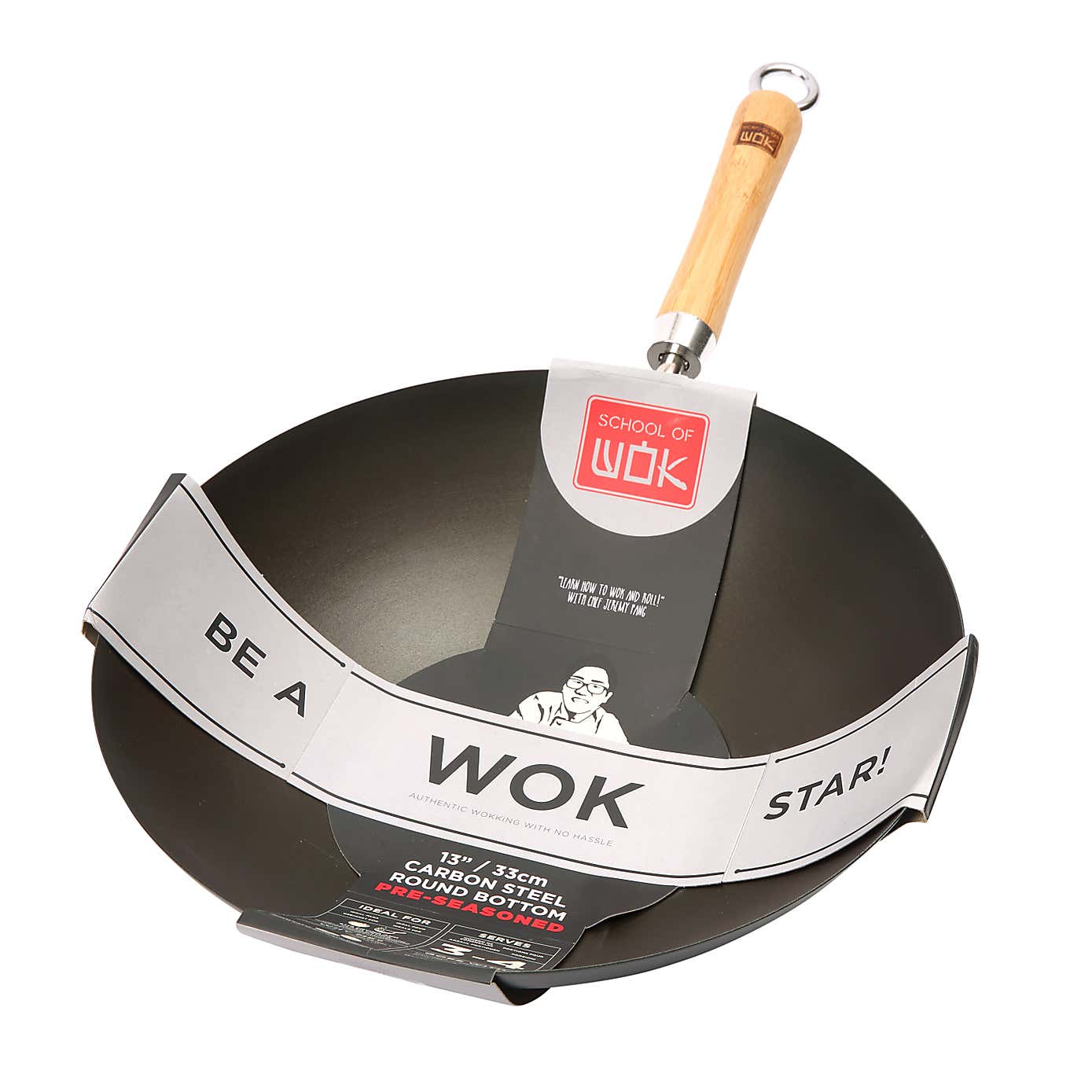 School of Wok 33cm Round Bottom Pre Seasoned Carbon Steel Wok