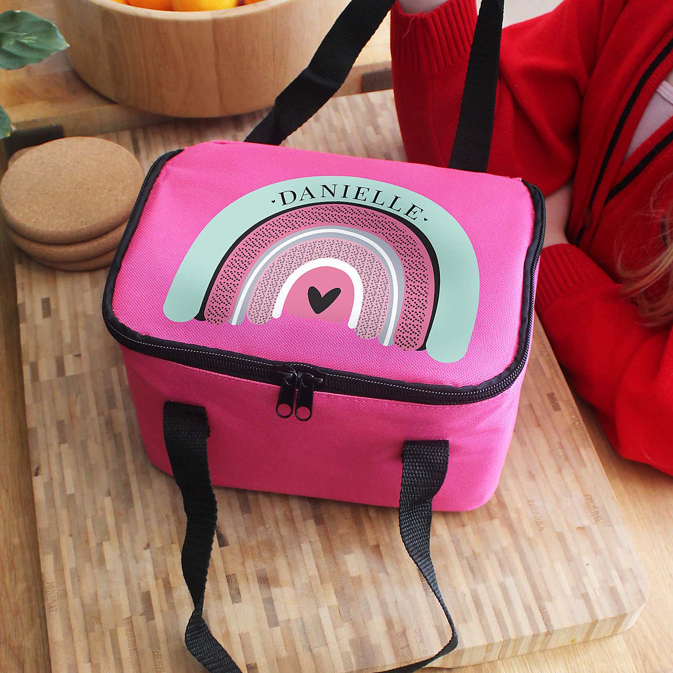 Personalised Pink Rainbow Lunch Bag