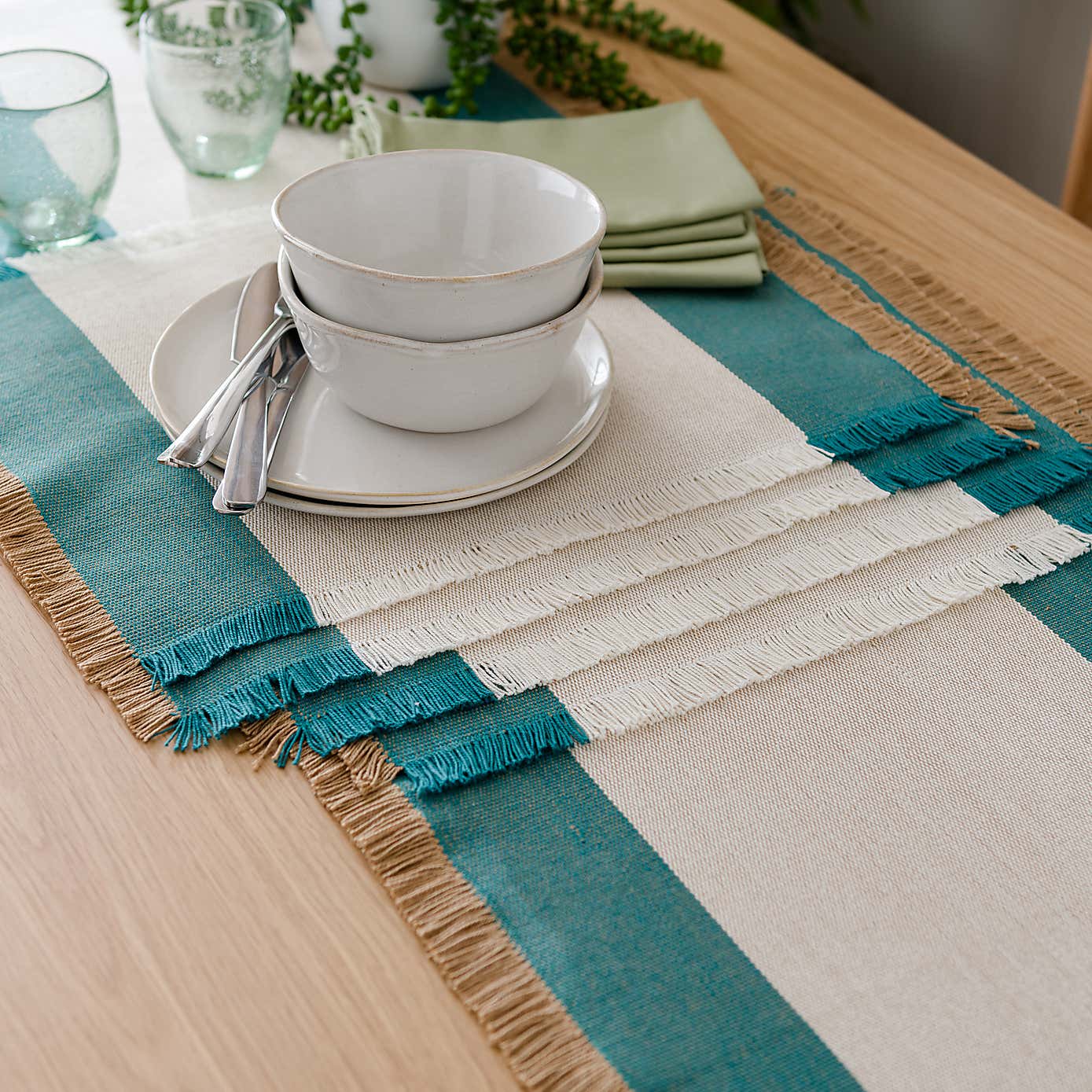 Set of 2 Rib Stripe Green Border Cotton Placemats